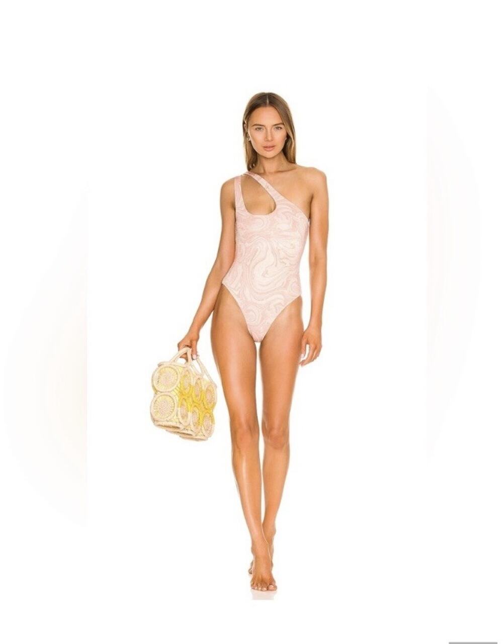 NEW L*Space Phoebe Pink Swirl One Shoulder One Piece Swimsuit lurex Size 10